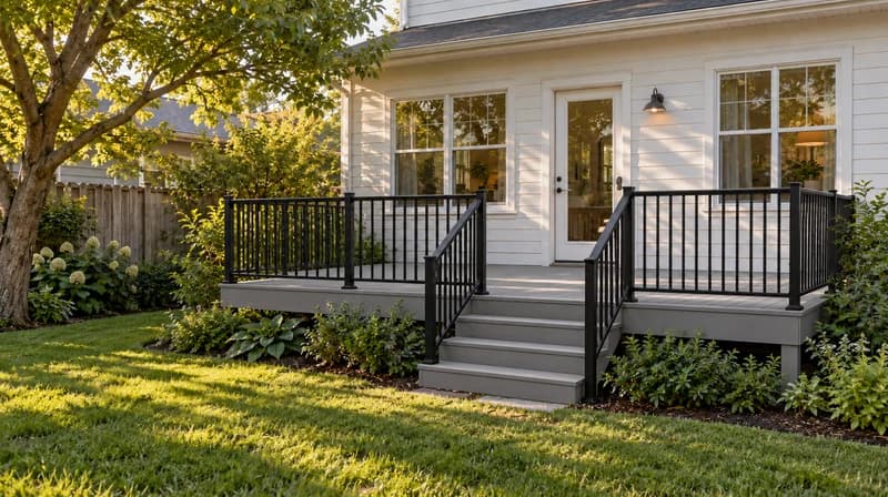 Gray composite deck with black metal railings in the original backyard