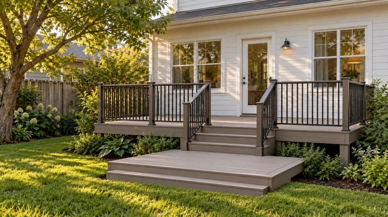 Two-level gray composite deck with a lower platform and connecting steps