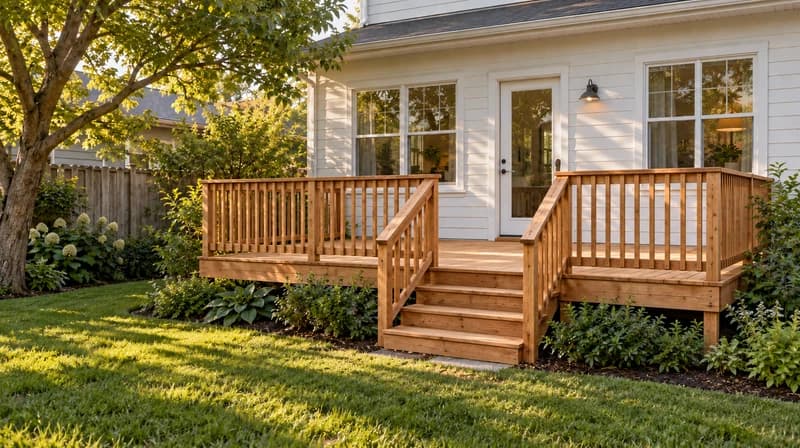 Refreshed natural timber deck with matching wooden railings