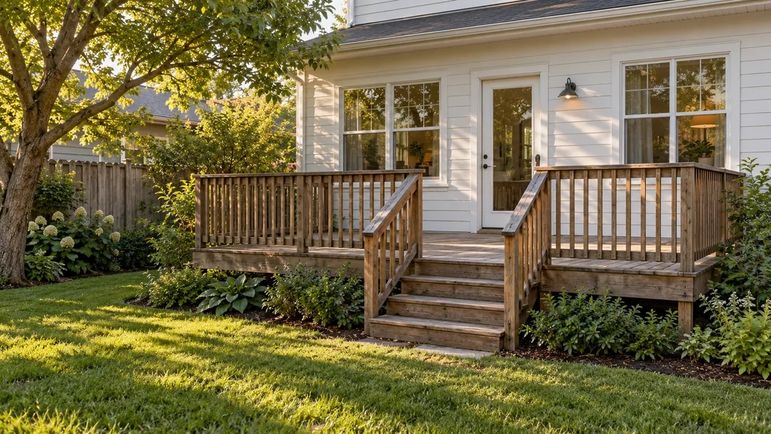 Weathered timber deck with wooden railings beside a white clapboard house