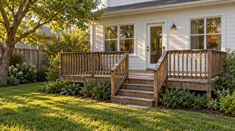 Original backyard deck with central steps, mature planting and a timber fence