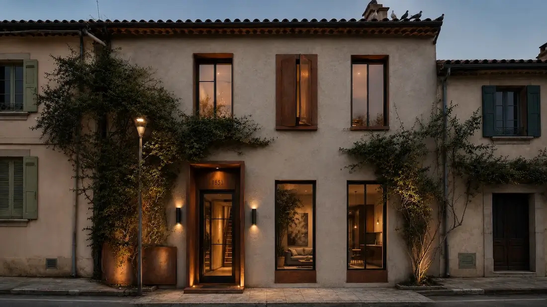 Concepto de diseño exterior con IA en hormigón minimalista para una fachada