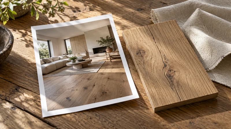 Printed flooring reference beside an oak sample and neutral fabric