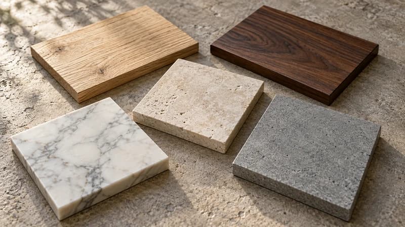 Physical samples of oak, walnut, beige stone, marble, and concrete