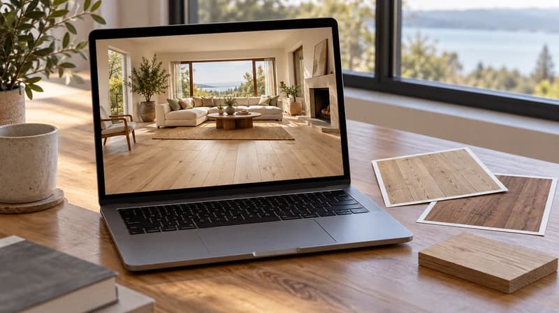 Laptop showing a flooring concept beside printed options and a wood sample