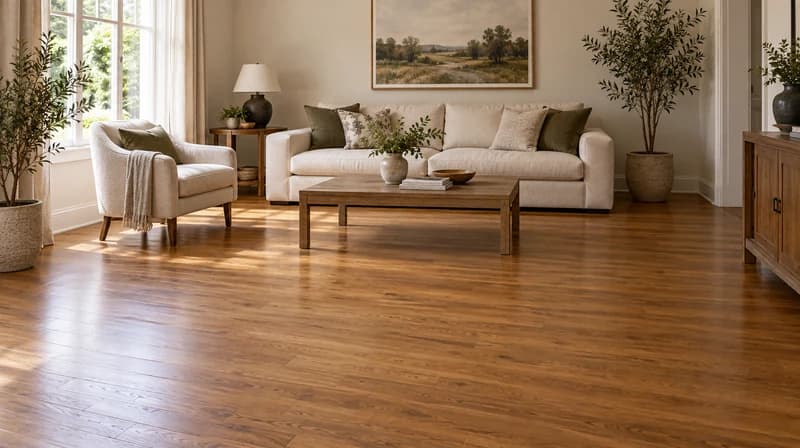 Original living room with brown wood flooring and no rug