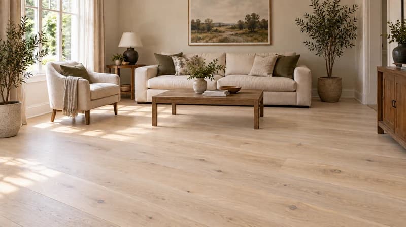 Living room with extra-wide pale matte oak floorboards