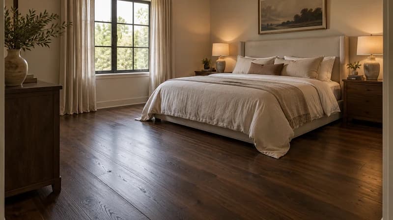 Dark walnut bedroom floor with linen bedding and warm lighting