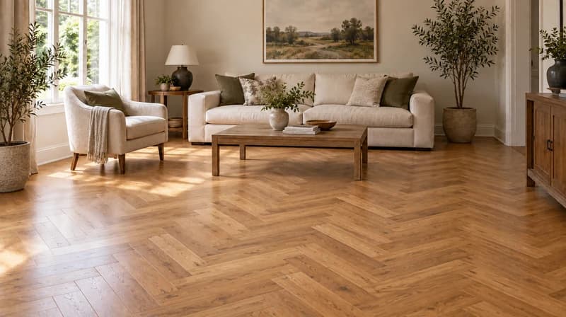 Oak herringbone flooring with the original sofa and furniture preserved