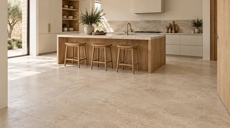 Large beige stone-look kitchen tiles with aligned grout joints