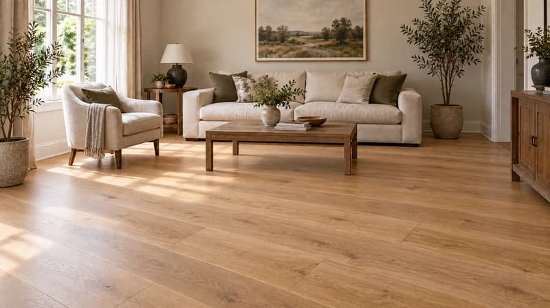 Wide light-oak flooring in a living room with cream seating