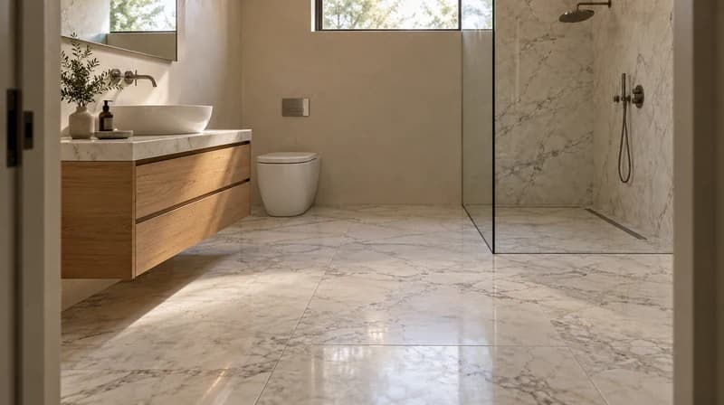 Marble tile bathroom floor with gray veining and soft reflections