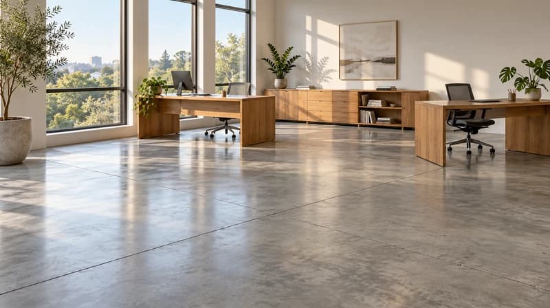 Polished concrete office floor with subtle reflections and construction joints