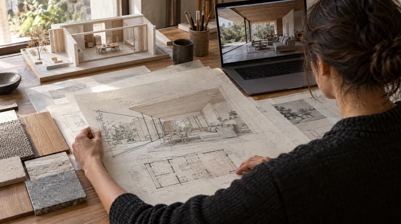 Architekt vergleicht eine Innenraumskizze, ein Modell und ein digitales Konzept
