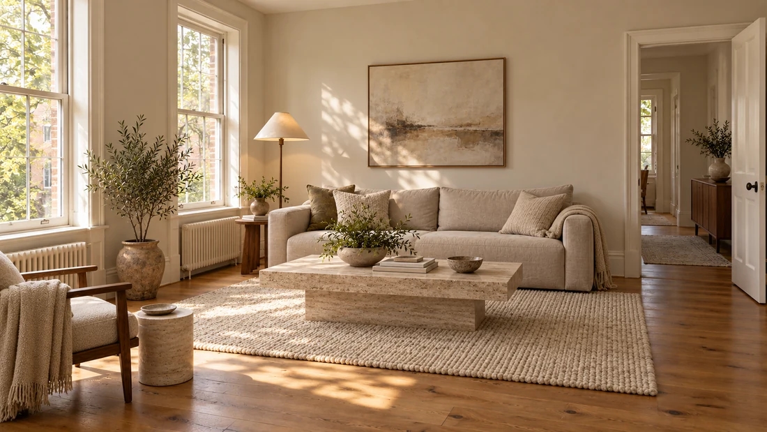 Dasselbe Wohnzimmer mit Leinensofa und Travertin-Couchtisch nach der Neugestaltung