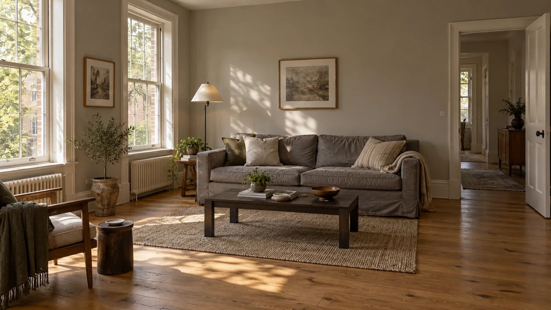 Wohnzimmer mit grauem Sofa und Eichenboden vor der Neugestaltung