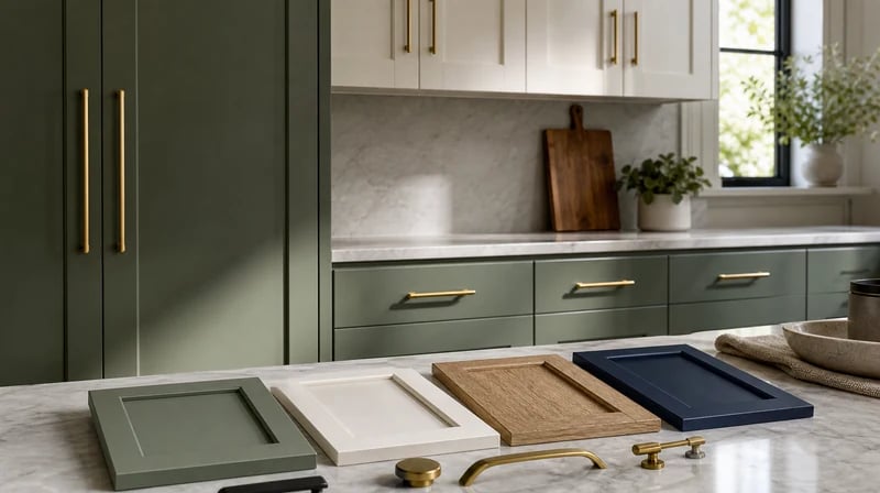 Kitchen cabinet color and hardware samples on a countertop