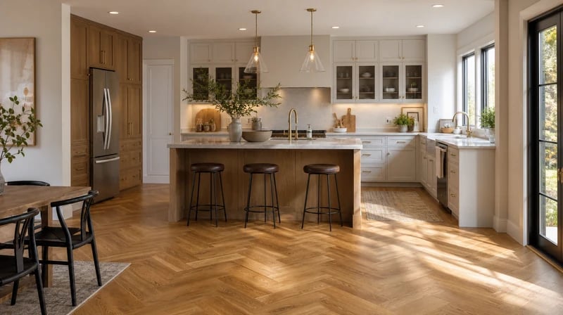 Completed kitchen remodel with wood flooring and pendant lighting