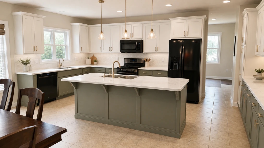 Large kitchen remodeled with sage cabinets and quartz counters
