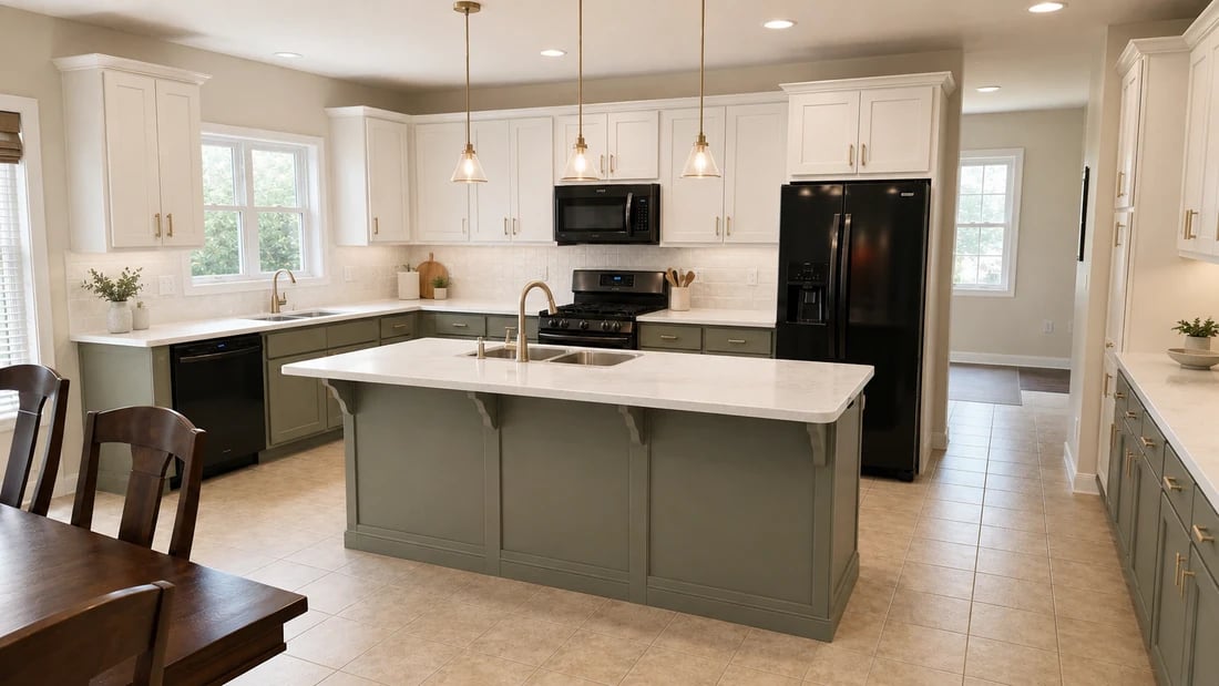 Large kitchen remodeled with sage cabinets and quartz counters