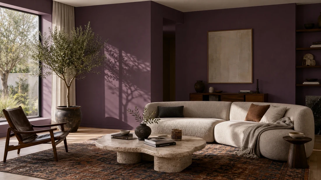 Contemporary living room with deep aubergine walls visualized by AI