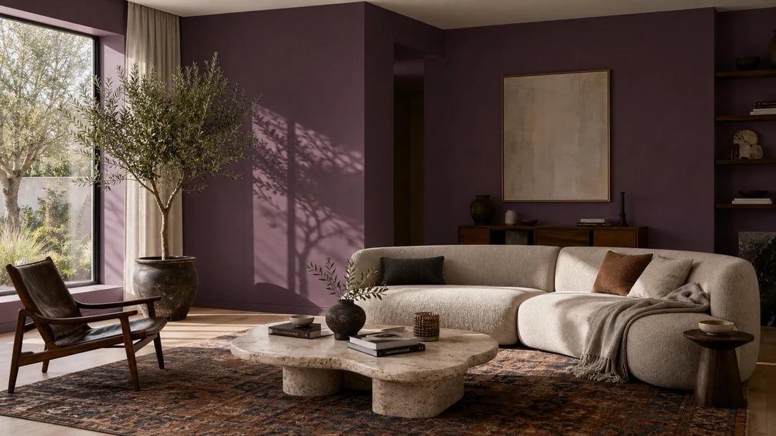 Contemporary living room with deep aubergine walls visualized by AI