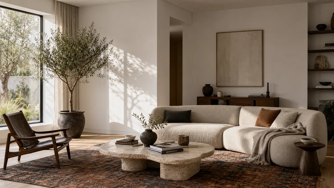Contemporary living room with white walls before AI paint visualization