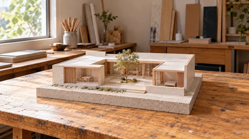 Physisches Hofhausmodell aus Karton, Holz und transparenten Scheiben