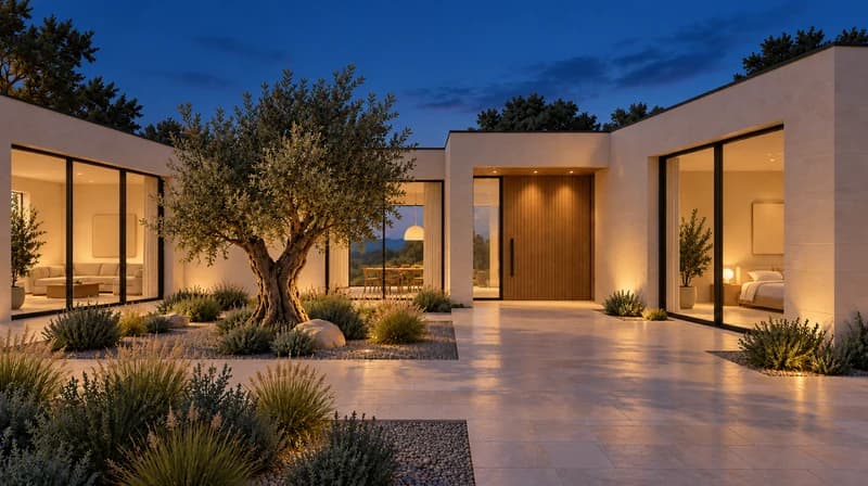 Hofhaus zur blauen Stunde mit warmer Innenbeleuchtung und gut erkennbaren Materialdetails