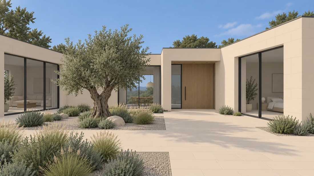 Entwurfsrendering eines Hofhauses mit vereinfachten Kalkstein-, Holz- und Vegetationsmaterialien