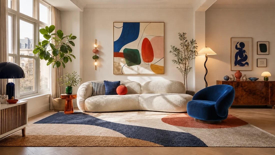 Color-block rug visualized in a living room