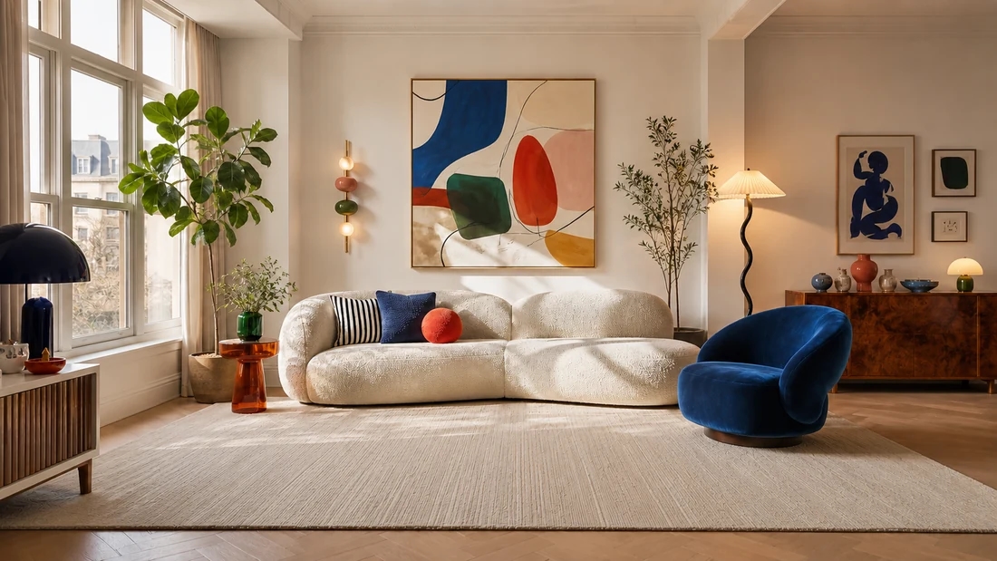 Living room with a neutral cream rug