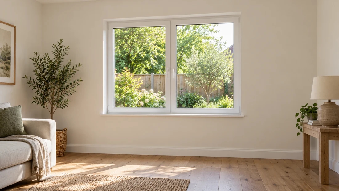 Salón con ventana blanca de dos hojas hacia el jardín