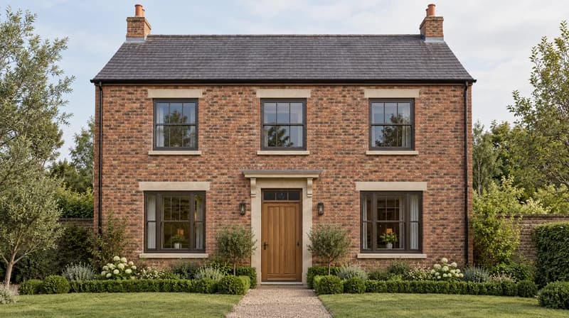 Brick house facade with stone lintels, timber door and a charcoal roof