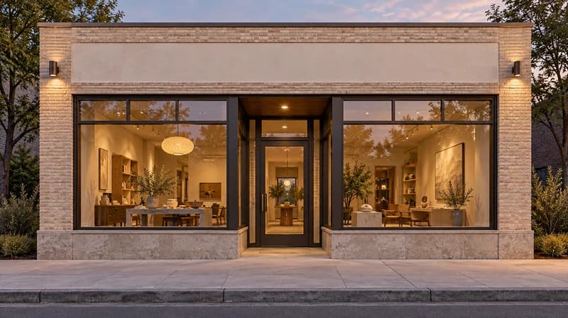Small commercial storefront with two display windows and a blank signage fascia