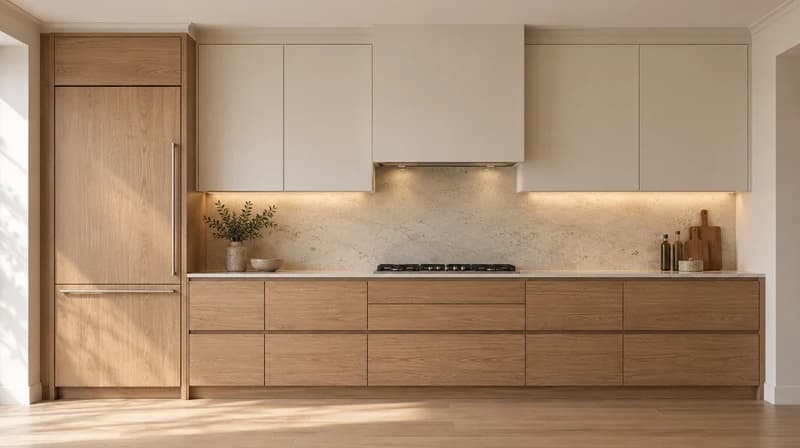 Front view of a kitchen wall with oak cabinetry and a limestone backsplash