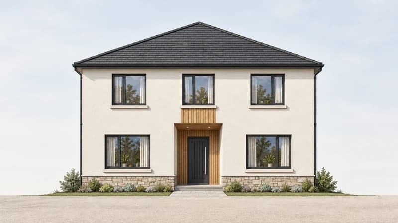 Rendered front elevation with pale stucco, timber entrance and dark window frames