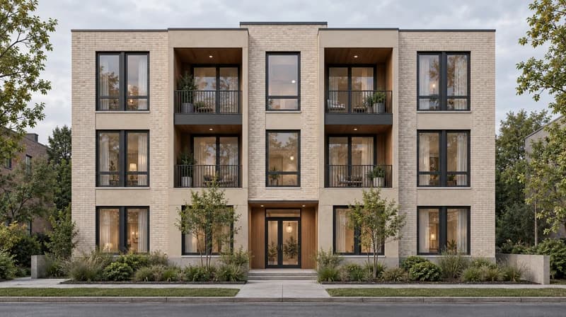 Three-story residential facade with pale brick, recessed balconies and aligned windows