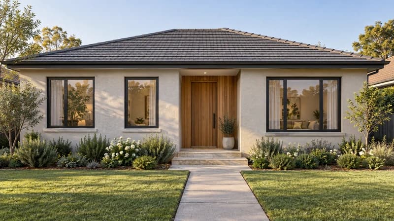 Renovated single-story house facade with light render and a timber entrance