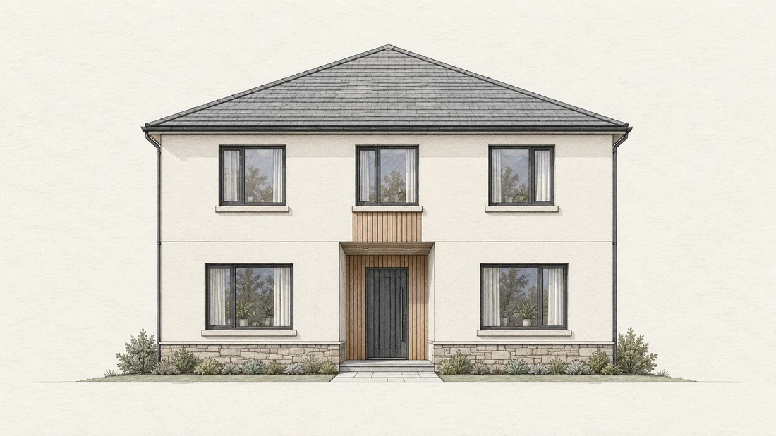 Front elevation drawing of a two-story house with five windows and a central entrance