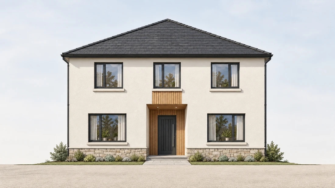 Realistic rendering of the same house elevation with stucco, timber and stone finishes