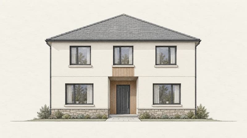 Architectural front elevation drawing on textured paper