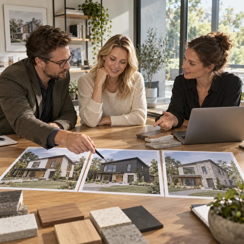 Architects presenting exterior renovation concepts and material options to a client