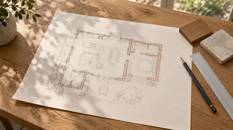 Home addition concept sketch on paper beside a pencil and material samples