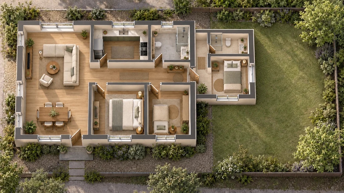 Same house plan with a connected bedroom and bathroom addition on the right