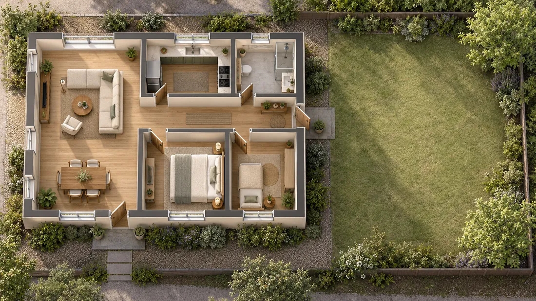 Top-down concept plan of a two-bedroom house with garden space to the right
