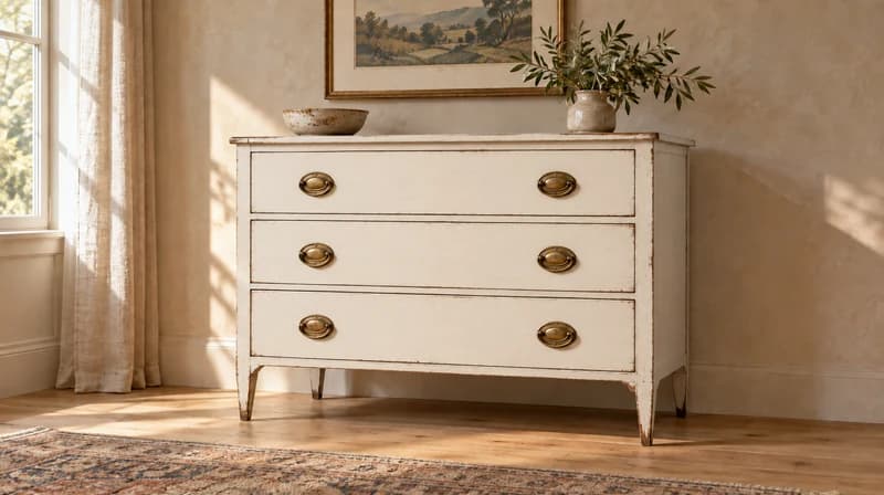 White chalk-painted dresser with lightly distressed edges