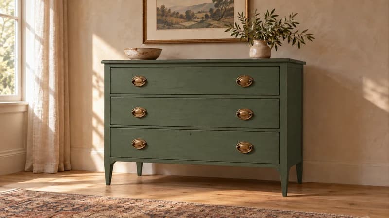 Dresser repainted matte sage green with original brass pulls