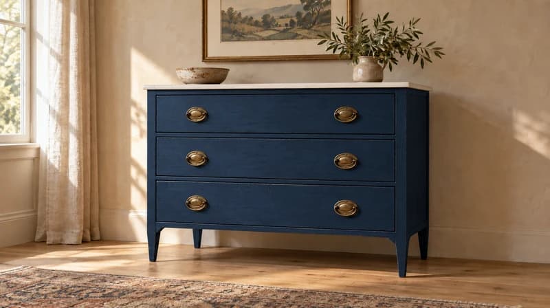 Navy blue dresser with a warm white top and brass pulls