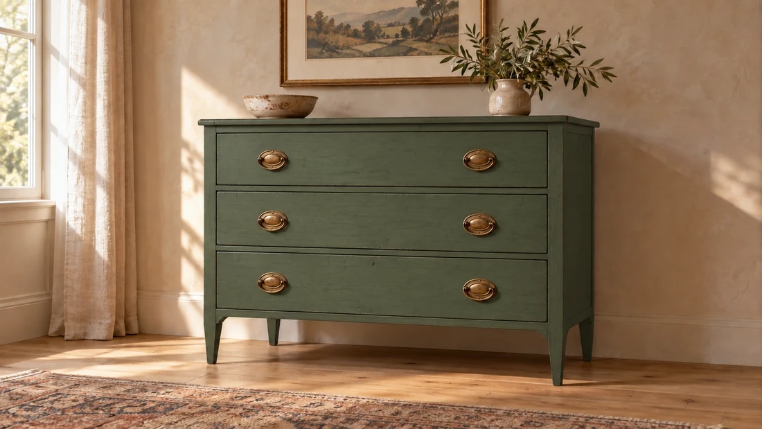 The same three-drawer dresser painted matte sage green with its brass pulls preserved